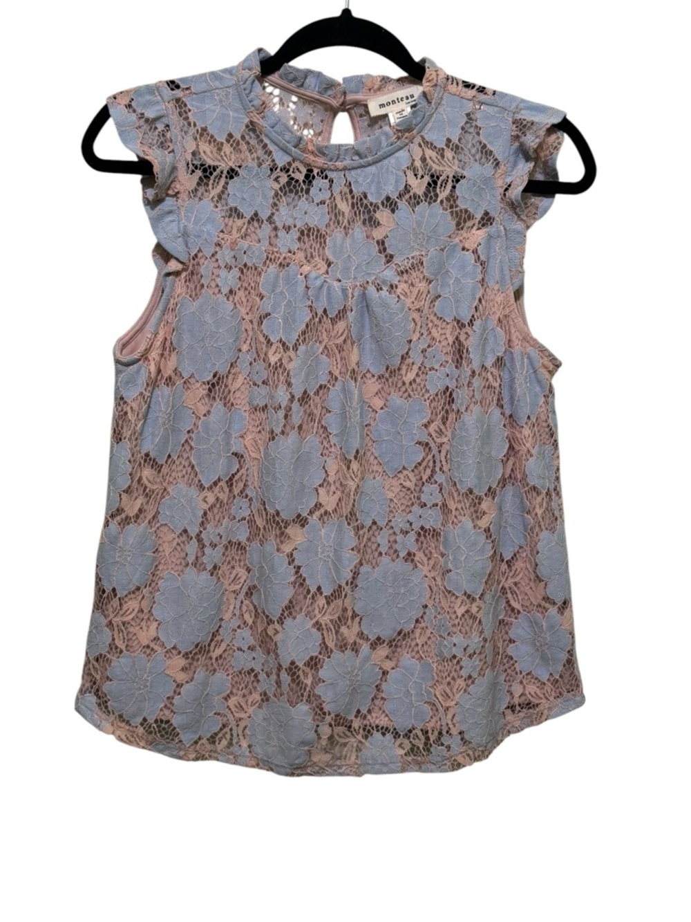 Monteau Beige Lined Sleeveless Top with Blue Floral Lace Overlay